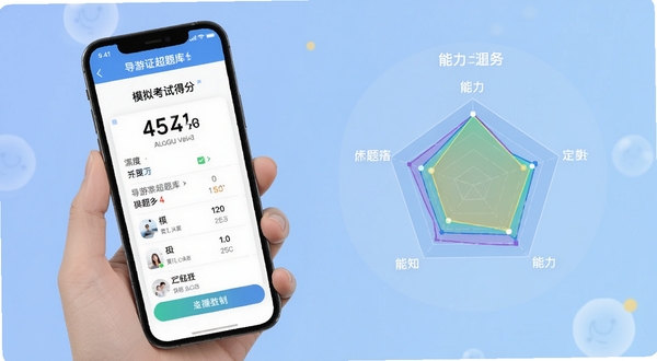 导游证超题库 模拟考试得分页面 手机屏幕显示分数与能力雷达图 背景为柔和渐变蓝色 数据图表清晰可见 适配Boogu模型生成