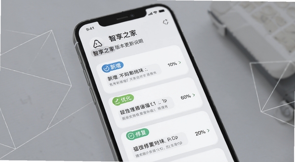 智享之家版本更新说明页面展示，手机屏幕呈现更新日志列表，带有新增、优化、修复分类标识，界面风格简洁现代，背景为浅灰渐变与几何线条装饰，突出迭代升级主题，适配Boogu模型生成