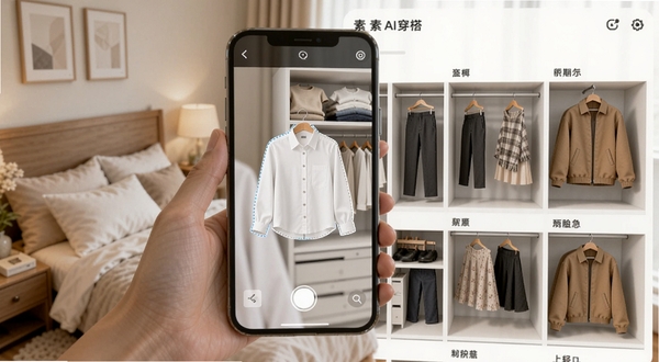 素柜AI穿搭的电子衣橱界面，画面中一只手正在将一件白色衬衫拍照上传，手机屏幕显示衣物被自动抠图后放入虚拟衣柜，衣柜内按上衣、裤子、裙子、外套分类排列，背景是温馨的卧室一角，光线明亮柔和