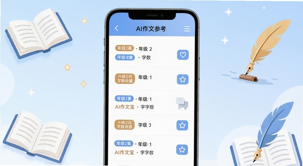 AI作文宝范文参考界面，画面中心为一部智能手机，屏幕上显示AI作文宝的范文列表页面，每篇范文标注有年级和字数标签，旁边有收藏按钮，背景为淡蓝色渐变，点缀有书本和羽毛笔的插画元素，整体风格清新简洁，体现学习氛围