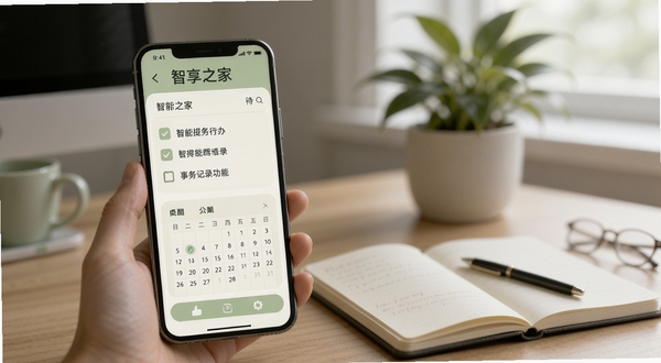 智享之家智能提醒与事务记录功能展示，手机屏幕显示待办清单与日历提醒界面，界面配色为淡绿与米白，背景为书桌场景虚化，桌面摆放笔记本与绿植，整体氛围安静有序，适配Boogu模型生成