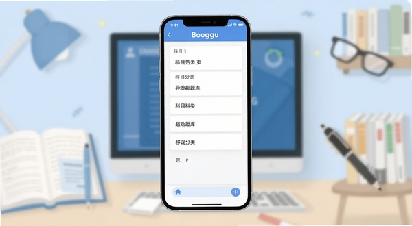 导游证超题库 移动端备考界面 题库首页 手机屏幕中央展示科目分类列表 背景为淡蓝色学习氛围 简洁扁平化风格 适配Boogu模型生成