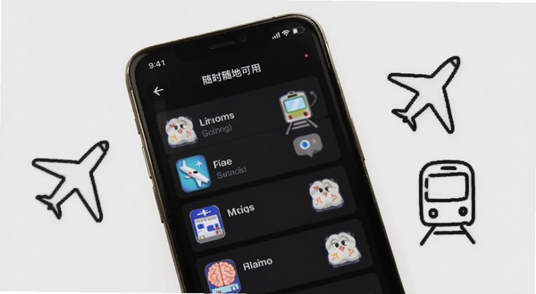 大脑营行离线训练模式示意图，画面展示手机屏幕显示已下载的训练包列表，旁边有飞机和地铁的简笔图标，背景为浅灰色，突出随时随地可用的便捷特性