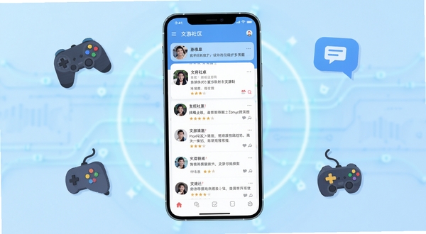 文游社安卓应用主界面展示，手机屏幕居中放置，背景为浅蓝色渐变科技感光晕，屏幕内呈现游戏社区信息流与讨论板块，周围点缀游戏手柄、聊天气泡等扁平化图标，整体风格清爽明快，适配Boogu模型生成