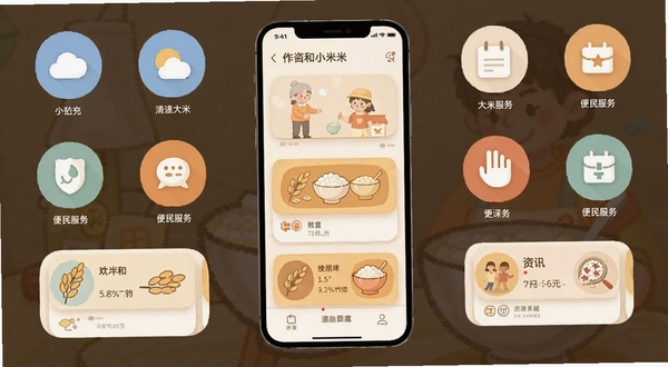 大米和小米应用首页卡片式布局界面展示，手机屏幕居中，浅色背景，周围环绕天气图标、便民服务图标与资讯卡片元素，扁平化插画风格，整体色调温暖柔和