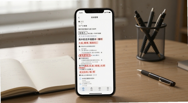 高中历史软件错题本与练习界面，手机屏幕显示题目解析与红色错题标记，背景为安静的自习室桌面，笔记本与笔筒点缀，光线柔和