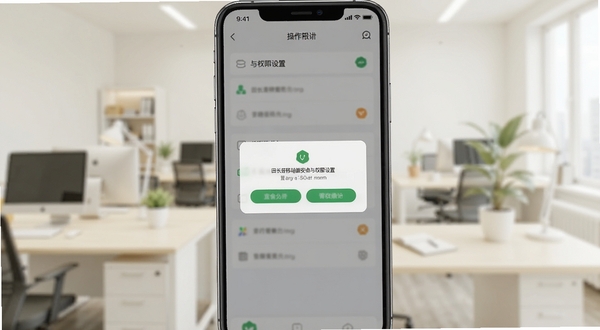 田长巡移动端安装与权限设置操作示意图,手机屏幕显示权限允许弹窗,背景为浅色办公环境