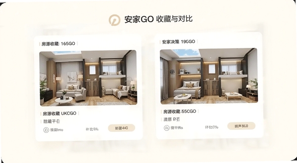 安家GO房源收藏与对比功能,手机屏幕显示两套户型对比卡片,背景为柔和米白色,画面干净整洁,体现对比决策的实用性