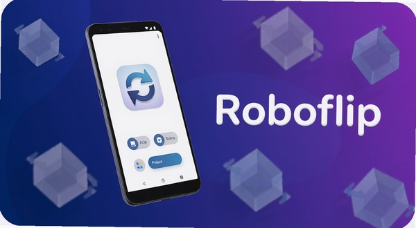 一张展示Roboflip应用主界面的3D渲染图，画面中心偏左位置悬浮着一部竖屏安卓手机，手机屏幕显示Roboflip标志性的翻转箭头图标与简洁的功能按钮，背景为深蓝到紫色的渐变区域，点缀若干半透明的几何翻转方块，整体风格干净现代，突出软件名称Roboflip字样