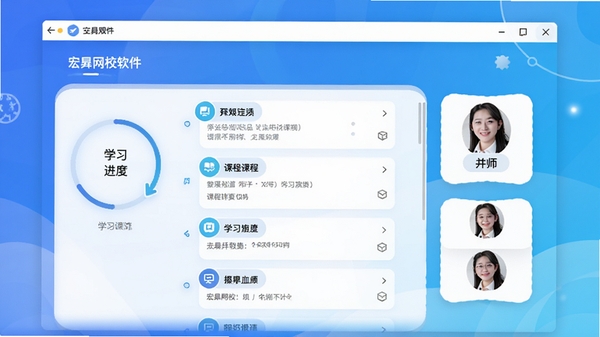 宏网校软件主界面预览图,画面中央为课程列表,背景为渐变蓝色,配有学习进度环和讲师头像卡片,整体风格简洁现代,突出在线教育氛围