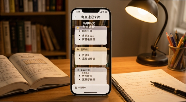高中历史软件考点速记卡片界面，手机屏幕展示问答式记忆卡片，背景为书架与台灯光晕，桌面散落历史课本与笔记，暖色调学习氛围