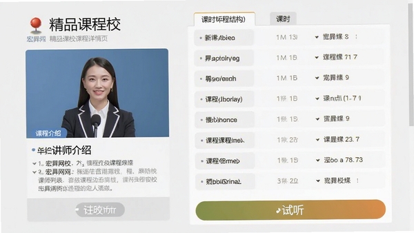 宏网校精品课程详情页截图,左侧为讲师介绍,右侧为课时列表,底部有试听按钮,背景为浅灰色,界面布局清晰,突出课程结构化设计