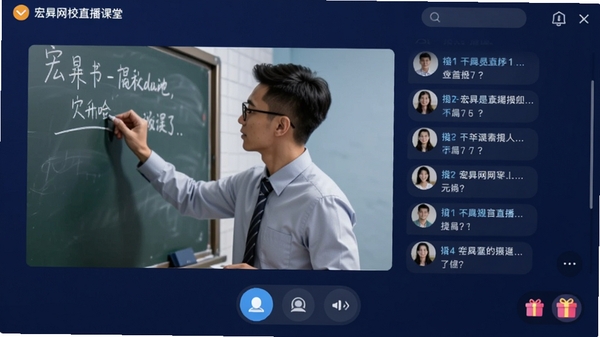 宏网校直播课堂界面,画面为讲师正在板书,右侧弹幕区有学员提问,底部有连麦按钮和礼物图标,背景为深蓝色,突出互动教学场景