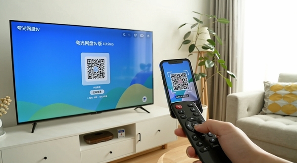 画面为电视屏幕与遥控器的手部操作特写，屏幕上显示夸克网盘tv版的扫码登录二维码页面，旁边放着手机正在扫码，背景为居家客厅环境，光线明亮，构图突出安装登录步骤