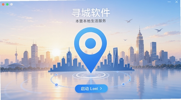 寻城软件启动界面展示，画面中央为城市剪影与定位图标组合，背景为清晨城市天际线，整体色调清新明亮，突出本地生活服务主题