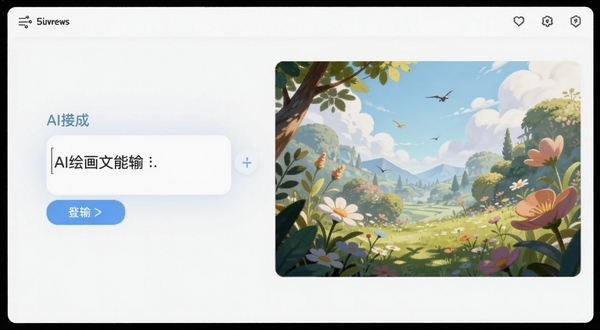 AI绘画文生图功能界面，输入框内显示中文描述文字，右侧展示生成完成的高质量插画作品，画面风格清新明亮，突出智能生成过程