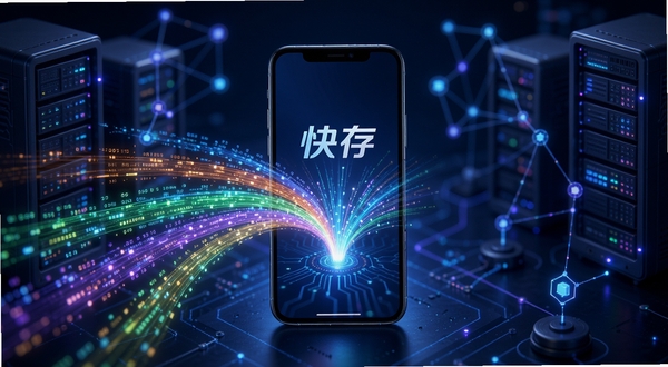快存多线程下载引擎示意图，画面主体为多条彩色数据流汇聚到手机屏幕，背景是抽象的服务器与网络节点，科技感十足，画面中融入快存字样