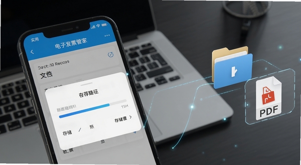 电子发票税管家发票导出功能界面特写，手机屏幕显示文件导出进度条与存储路径选择弹窗，背景为深灰色办公桌与笔记本电脑，画面右侧有文件夹图标与PDF文档图标漂浮，科技感与实用感结合