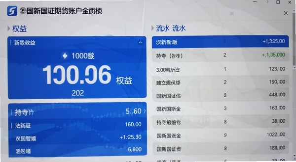 国新国证期货账户资金页面，权益数字突出显示，持仓与流水列表整齐，浅色背景配蓝色强调色