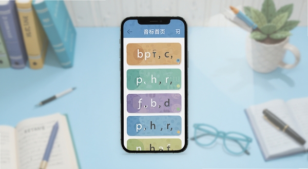 英语国际音标学习软件首页展示，画面中央为手机屏幕内的音标卡片列表，背景为浅蓝色渐变书桌场景，柔和光线，扁平化插画风格，细节清晰，突出学习工具属性