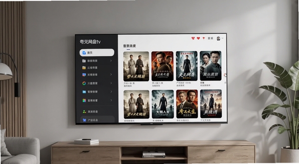 画面中央是一台壁挂式智能电视，屏幕显示夸克网盘tv版的文件列表界面，左侧为分类导航栏，右侧为影视海报缩略图网格，电视下方是简约木质电视柜，背景为浅灰色客厅墙面与绿植点缀，整体风格清爽现代，光线柔和，突出大屏云盘播放场景