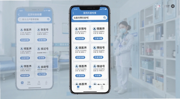 北京预约挂号医院通手机端医院科室检索界面展示，竖屏UI设计，白色背景配蓝色主色调，顶部搜索框输入医院名称，下方列表显示多家医院卡片与科室标签，界面干净整洁，适合医疗类应用宣传图