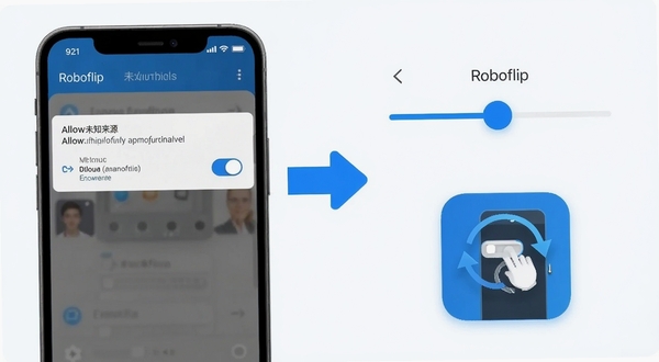 Roboflip移动端安装与权限设置示意图，画面左侧为手机屏幕特写，显示允许未知来源安装的开关界面，右侧为Roboflip应用内的灵敏度校准滑块与翻转示意图标，中间用箭头连接表示操作流程，整体采用浅色背景与蓝色高亮元素，风格清晰直观