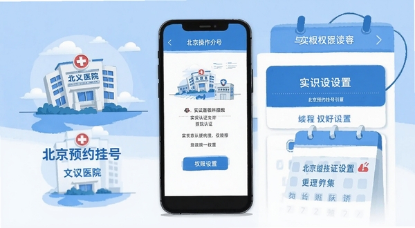 北京预约挂号医院通新手操作引导界面，手机屏幕展示实名认证步骤与权限设置页面，扁平化插画风格，蓝白配色，画面中包含医院图标与日历元素，适合教程配图使用