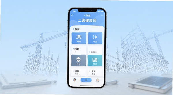 二级建造师牛题库软件启动界面，手机竖屏居中展示题库首页与科目卡片，背景为浅蓝渐变加建筑线稿元素，整体清爽学习氛围