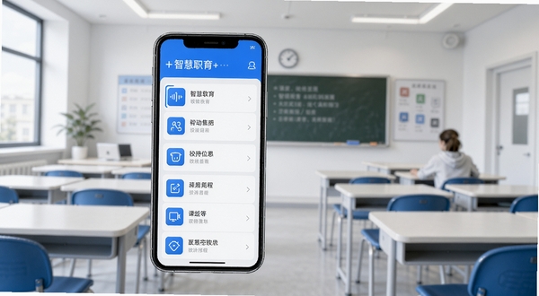 智慧职教+软件主界面预览图，展示课程列表和功能图标，背景为现代简约的教室环境，界面风格清晰明亮，前景突出手机屏幕中的软件UI，整体色调以蓝色和白色为主，体现职业教育与移动互联的融合。