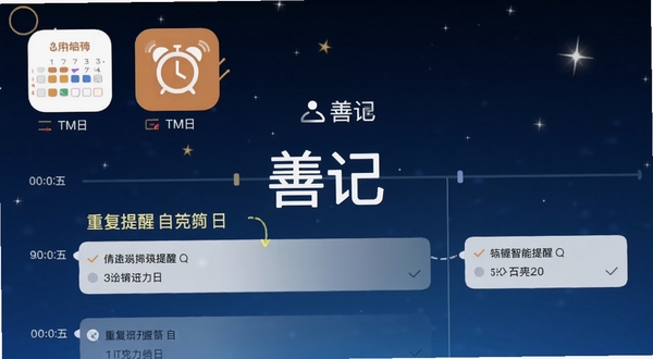 善记智能提醒设置界面，手机屏幕显示日历与闹钟图标，时间轴上标注着重复提醒的待办事项，背景为深蓝色夜空与星星，营造时间管理与提醒的氛围，画面中央有善记文字标识