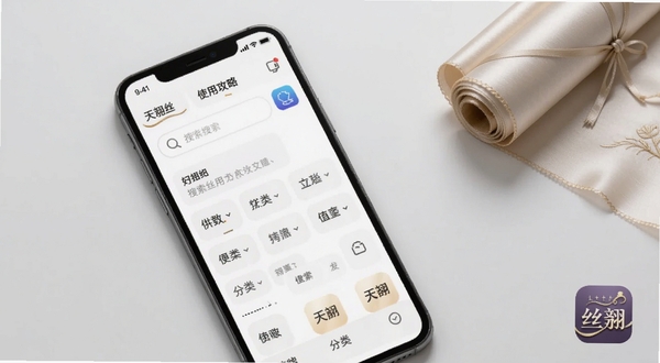 天翊丝绸移动端操作界面截图风格示意图，画面主体为手机屏幕显示搜索框与分类标签，背景区域为浅灰色简约桌面，画面一角放置丝绸卷轴装饰，体现移动端使用攻略主题，画面中带有天翊丝绸应用图标