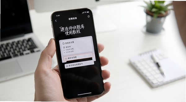 建造师快题库使用教程示意图，手机屏幕展示安装权限设置和缓存清理操作步骤，画面为手持手机的特写，背景为简约办公桌面，光线明亮清晰