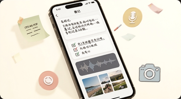 善记多形态记录功能展示，画面中一部手机屏幕内同时呈现文字笔记、待办清单、语音波纹和图片缩略图四种元素，手机周围环绕着便签、麦克风、相机图标，背景为暖白色，光影柔和，突出善记的多功能记录特性