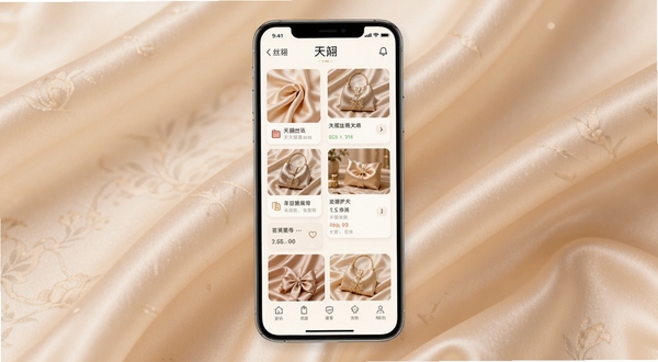 天翊丝绸手机应用主界面展示，画面中央为手机屏幕内呈现丝绸商品列表与资讯卡片，背景区域为淡雅的丝绸纹理质感，整体色调柔和温暖，突出丝绸的柔滑光泽与移动端应用的便捷感，适配Boogu模型生成
