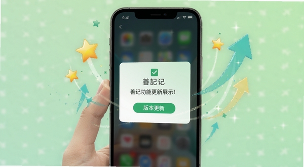善记最新版功能更新展示，画面中一部手机屏幕显示版本更新提示弹窗，周围有星星和上升箭头图标，背景为浅绿色渐变，突出更新与优化主题