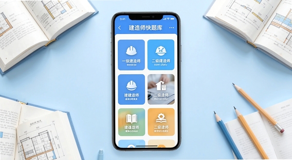建造师快题库软件主界面与题库分类展示图，画面中央为手机屏幕正视图，屏幕内显示一级建造师和二级建造师各专业分类入口，背景为浅蓝色渐变学习场景，周围环绕书本和铅笔元素，整体风格简洁明亮