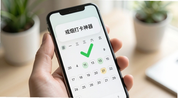 戒烟打卡神器 打卡成功界面 绿色对勾 日历标记 手机屏幕特写 简约清新风格 柔和光线