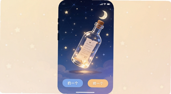 树洞漂流瓶App主界面截图，画面中央是一个柔和的星空背景，一只发光的玻璃漂流瓶悬浮在屏幕中央，瓶内装有信纸和微光，背景是深蓝色渐变夜空，点缀着星星和月亮，底部有“扔一个”“捞一个”按钮，整体风格治愈温暖，适配Boogu模型生成