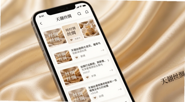 天翊丝绸应用内资讯页面特写，画面主体为手机屏幕上滚动展示的丝绸行业新闻卡片，背景区域为浅金色丝绸布料垂坠质感，光线柔和，突出资讯更新及时与阅读舒适感，画面中自然融入天翊丝绸文字标识