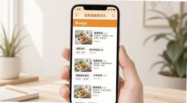 国惠通健康资讯页面展示，手机屏幕中呈现分类清晰的健康文章列表，背景为温暖橙色与白色搭配，画面干净明亮，适合Boogu模型生成