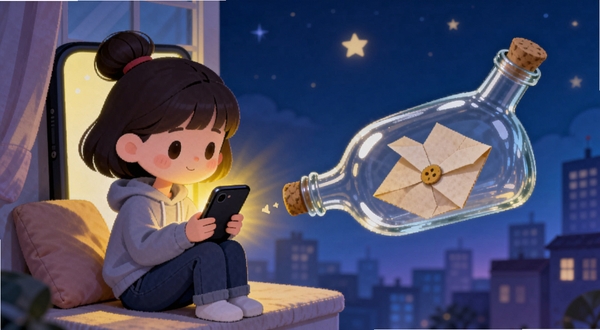 树洞漂流瓶匿名倾诉场景插画，画面左侧是一个卡通女孩坐在窗边抱着手机，手机屏幕发出温暖黄光，右侧有一个漂浮的玻璃瓶从屏幕中飞出，瓶内有一封信，背景是夜晚城市剪影和星星，整体色调为蓝紫色与暖黄色对比，突出匿名倾诉的治愈感
