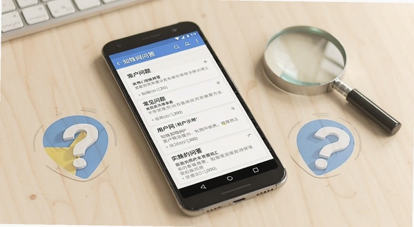 知蛛网用户问答场景示意图，画面中一部安卓手机显示知蛛网问答界面，屏幕内呈现常见问题列表与解答内容，背景为简洁的浅色办公桌面，手机旁有放大镜和问号图标点缀，整体风格亲切易懂，突出知蛛网的实用问答功能