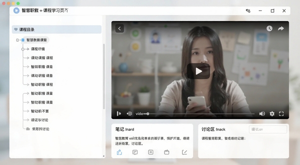 智慧职教+课程学习页面截图，左侧为课程目录结构，右侧为视频播放窗口，下方有笔记和讨论区入口，界面设计简洁直观，背景虚化处理突出软件内容，色彩搭配柔和舒适。