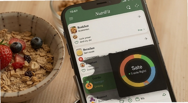 NutriFit 膳食记录界面特写，手机屏幕显示早餐卡片列表与热量环形图，旁边摆放燕麦碗与水果，暖色调，写实风格，突出记录与估算功能