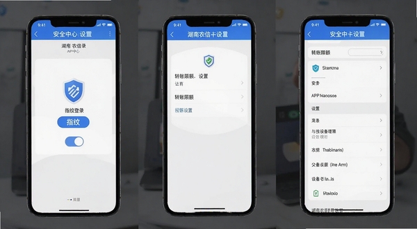 湖南农信APP安全中心设置页面截图，手机屏幕展示指纹登录开关、转账限额设置与设备管理列表，界面元素带有盾牌安全图标，背景为淡灰色极简风格，突出安全防护主题
