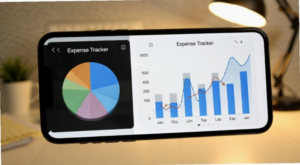 Expense Tracker 分类统计图表界面展示，画面主体为手机屏幕中的饼状图与柱状图组合，背景为简洁办公桌面，暖色调灯光，UI细节清晰，突出数据可视化效果