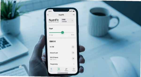 NutriFit 目标设置与提醒页面展示，手机屏幕呈现目标滑块与提醒时间列表，背景为简约书桌场景，冷色调，界面元素清晰，体现个性化设置