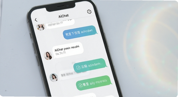 AiChat软件界面展示图，手机屏幕中呈现多轮对话气泡，浅色背景搭配圆角卡片，画面右侧有柔和的光晕效果，整体风格清新明快，体现流畅对话与快速响应的产品特点
