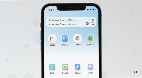 ContinueBrowser 轻量浏览器主界面展示，手机屏幕中央呈现简洁的浏览器首页，地址栏与快捷图标布局清晰，背景为柔和的浅蓝渐变，整体风格干净现代，适配 Boogu 生图模型